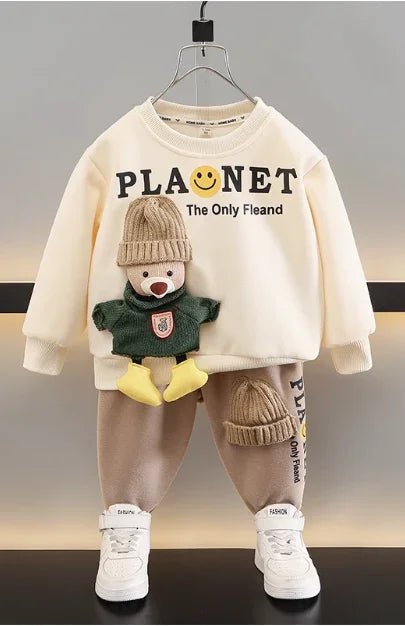 Bej Karikatür Baskılı Uzun Kollu 2 - 6 Yaş Çocuk Pamuk Takım - MAKKA