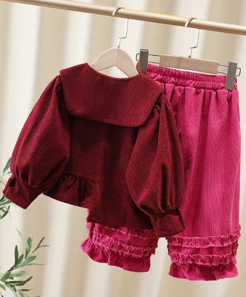 Bordo Kadife Kız Çocuk Takım Sıcak Rahat Şık Tasarım - MAKKA