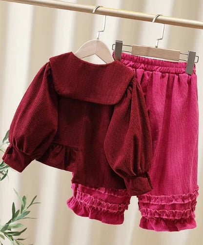 Bordo Kadife Kız Çocuk Takım Sıcak Rahat Şık Tasarım - MAKKA