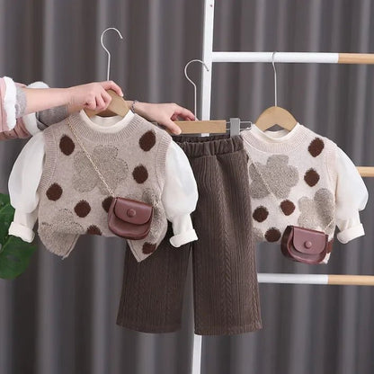 Çantalı Puanlı Yelekli 3 Parça Kız Çocuk Takımı, Kadife Pantolonlu - MAKKA