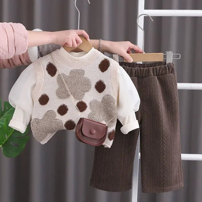 Çantalı Puanlı Yelekli 3 Parça Kız Çocuk Takımı, Kadife Pantolonlu - MAKKA