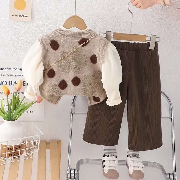 Çantalı Puanlı Yelekli 3 Parça Kız Çocuk Takımı, Kadife Pantolonlu - MAKKA