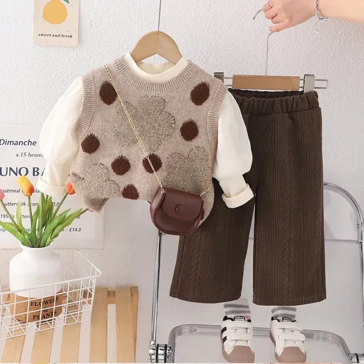 Çantalı Puanlı Yelekli 3 Parça Kız Çocuk Takımı, Kadife Pantolonlu - MAKKA