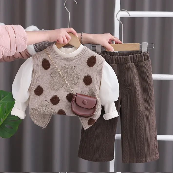 Çantalı Puanlı Yelekli 3 Parça Kız Çocuk Takımı, Kadife Pantolonlu - MAKKA