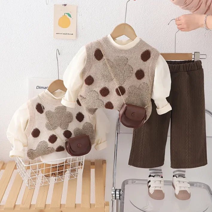 Çantalı Puanlı Yelekli 3 Parça Kız Çocuk Takımı, Kadife Pantolonlu - MAKKA