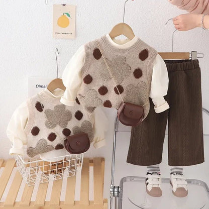 Çantalı Puanlı Yelekli 3 Parça Kız Çocuk Takımı, Kadife Pantolonlu - MAKKA