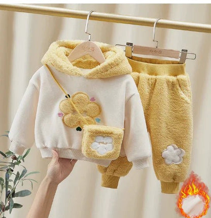 Çantalı Sarı Beyaz Kız Çocuk Takım Yumuşak Dokulu 1 - 6 Yaş - MAKKA