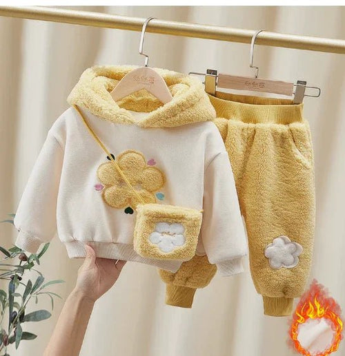 Çantalı Sarı Beyaz Kız Çocuk Takım Yumuşak Dokulu 1 - 6 Yaş - MAKKA