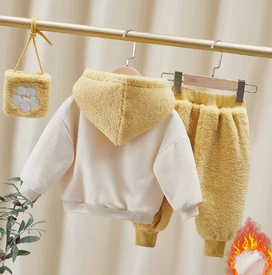 Çantalı Sarı Beyaz Kız Çocuk Takım Yumuşak Dokulu 1 - 6 Yaş - MAKKA