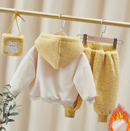 Çantalı Sarı Beyaz Kız Çocuk Takım Yumuşak Dokulu 1 - 6 Yaş - MAKKA