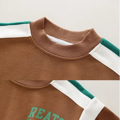 Çizgili Kahverengi - Yeşil Pamuklu Erkek Çocuk Eşofman Takımı 1 - 5 Yaş - MAKKA