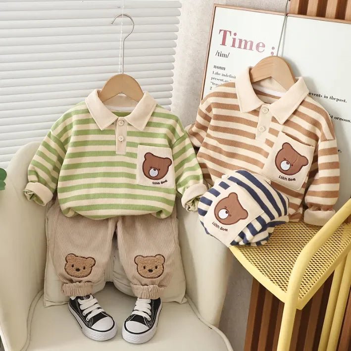 Çizgili Pamuklu Üst ve Nakışlı Kadife Pantolon Çocuk Takımı - MAKKA