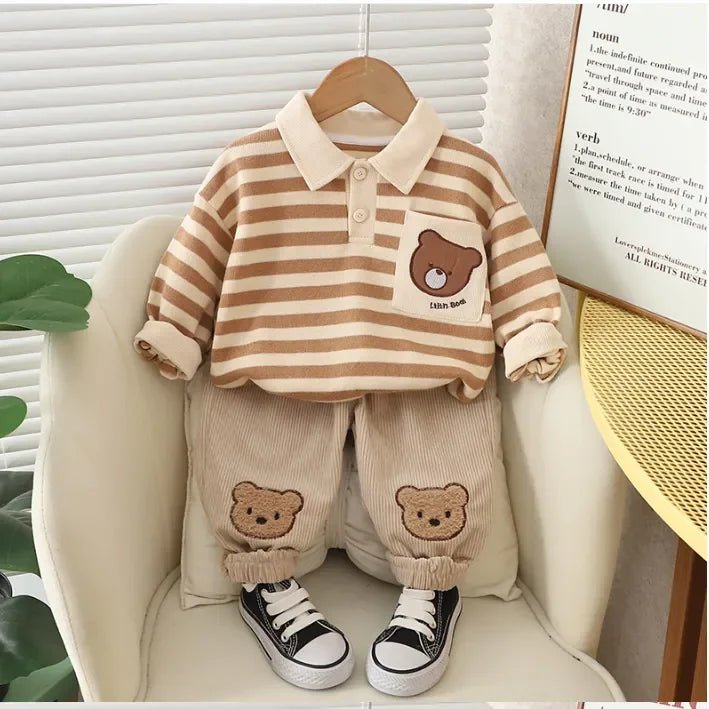 Çizgili Pamuklu Üst ve Nakışlı Kadife Pantolon Çocuk Takımı - MAKKA