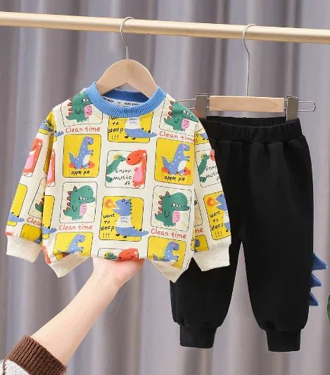 Çocuk Siyah Pantolonlu Renkli Dinazor Desenli Pamuklu Rahat Takım - MAKKA