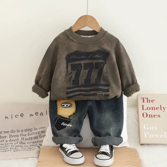 Pamuklu Baskılı Sweatshirt ve Eskitme Kot 2 Parça Takım - MAKKA