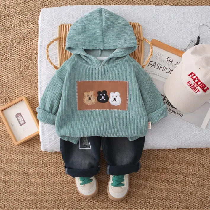 Peluş Kapüşonlu Erkek Çocuk Takımı Kot Pantolonlu Rahat Set - MAKKA
