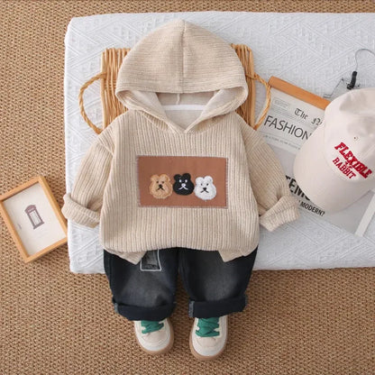 Peluş Kapüşonlu Erkek Çocuk Takımı Kot Pantolonlu Rahat Set - MAKKA