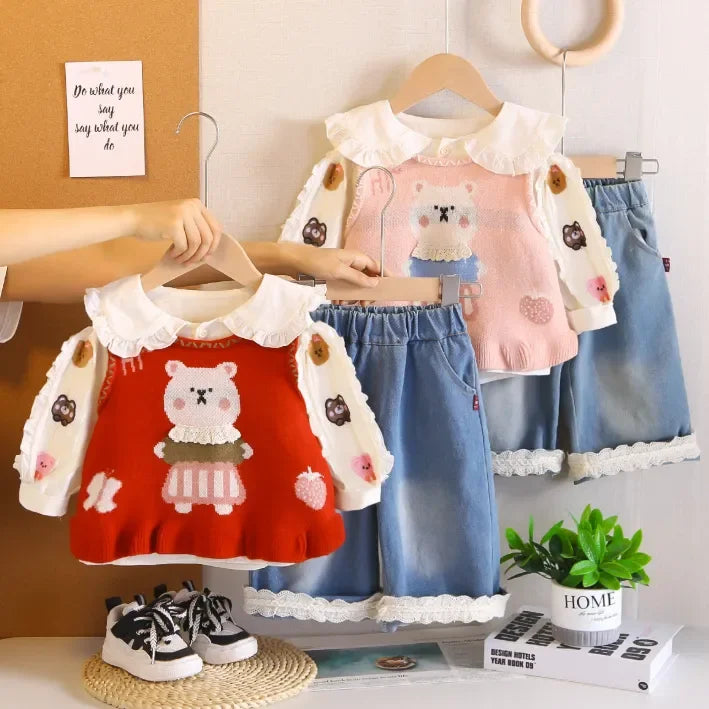 1-5 Yaş Kız Ayıcık İşlemeli Dantelli Jean Etekli Takım - MAKKA