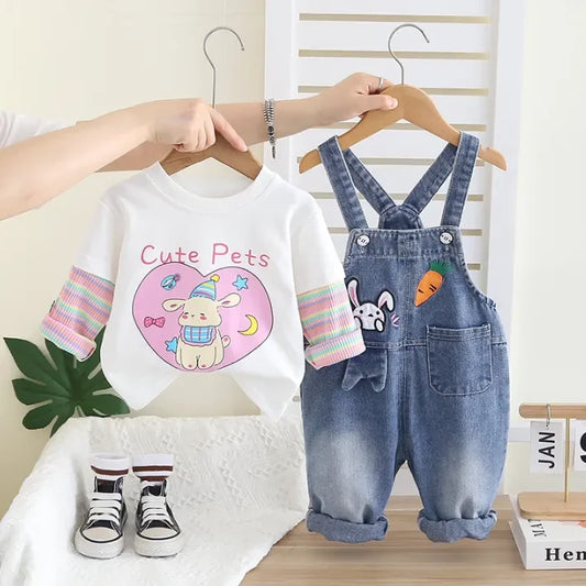 Kız Çocuk Denim Salopetli 2'li Takım Uzun Kollu Tişörtlü - MAKKA