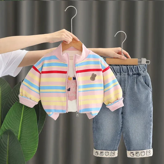 3 Parçalı Unisex Renkli Çizgili Çocuk Takımı Rahat Spor Kombin - MAKKA