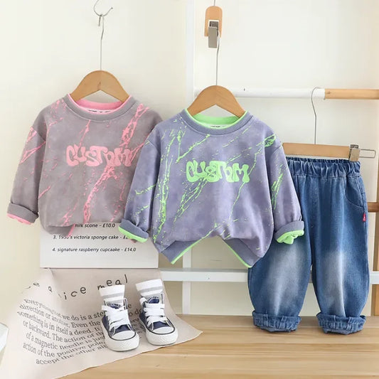 Renkli Desenli Unisex Çocuk Sweat ve Esnek Kot Takımı - MAKKA