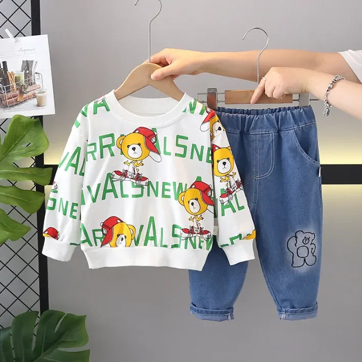 Unisex Ayıcık Baskılı Sweatshirt ve Esnek Kot Pantolon Takımı - MAKKA