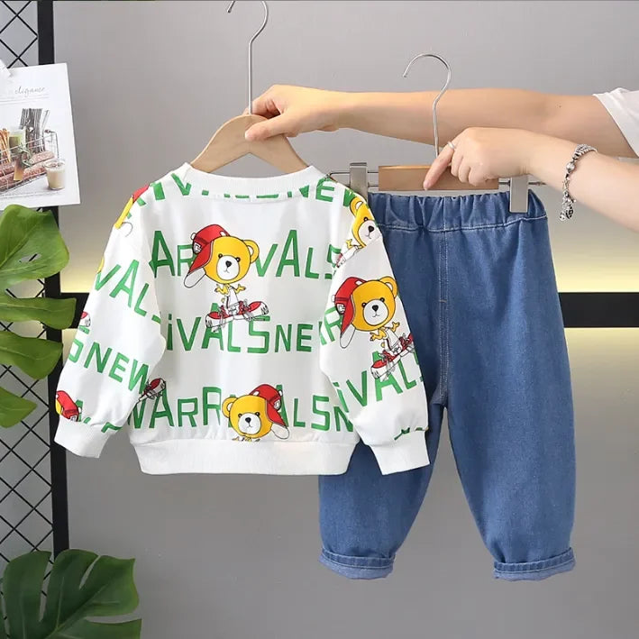 Unisex Ayıcık Baskılı Sweatshirt ve Esnek Kot Pantolon Takımı - MAKKA