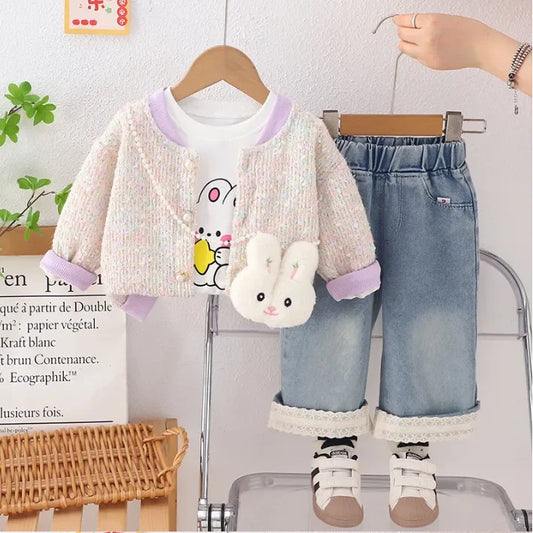 Kız Çocuk Tavşan Desenli Hırkalı Kot Pantolon 1-5 Yaş Takımı - MAKKA