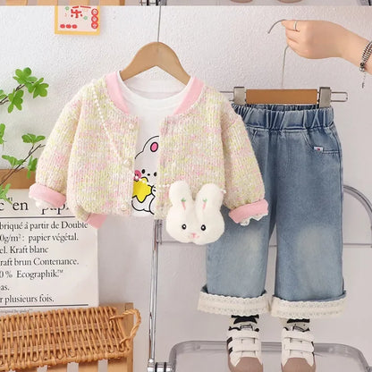 Kız Çocuk Tavşan Desenli Hırkalı Kot Pantolon 1-5 Yaş Takımı - MAKKA