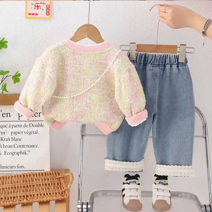 Kız Çocuk Tavşan Desenli Hırkalı Kot Pantolon 1-5 Yaş Takımı - MAKKA