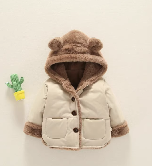 Unisex Bebek Çocuk Kışlık Mont Suya Dayanıklı Kapüşonlu Bej