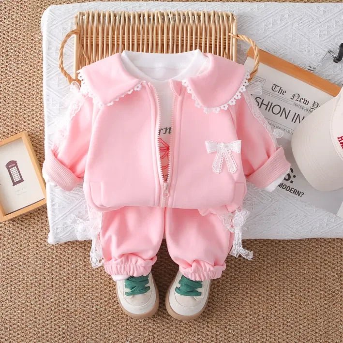 Dantel Detaylı 3 Parça Kız Çocuk Takımı - Rahat Pembe Lila - MAKKA