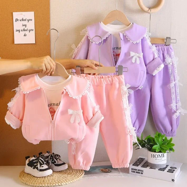 Dantel Detaylı 3 Parça Kız Çocuk Takımı - Rahat Pembe Lila - MAKKA