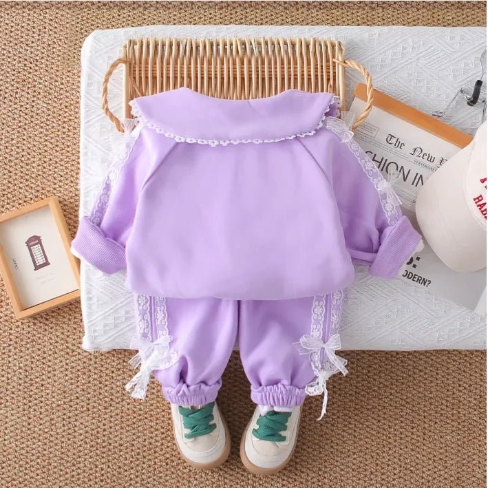 Dantel Detaylı 3 Parça Kız Çocuk Takımı - Rahat Pembe Lila - MAKKA