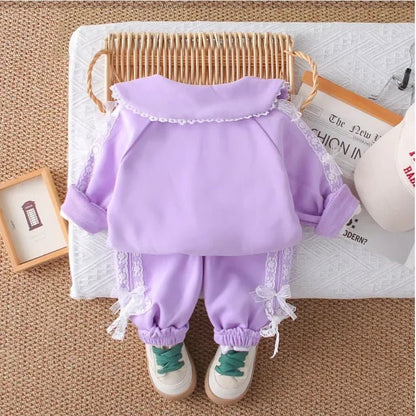 Dantel Detaylı 3 Parça Kız Çocuk Takımı - Rahat Pembe Lila - MAKKA