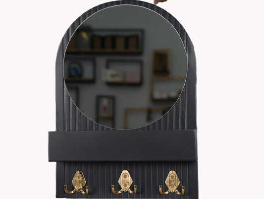 Dekoratif Aynalı Raflı Ahşap Duvara Monte Askılık Antrasit - MAKKA