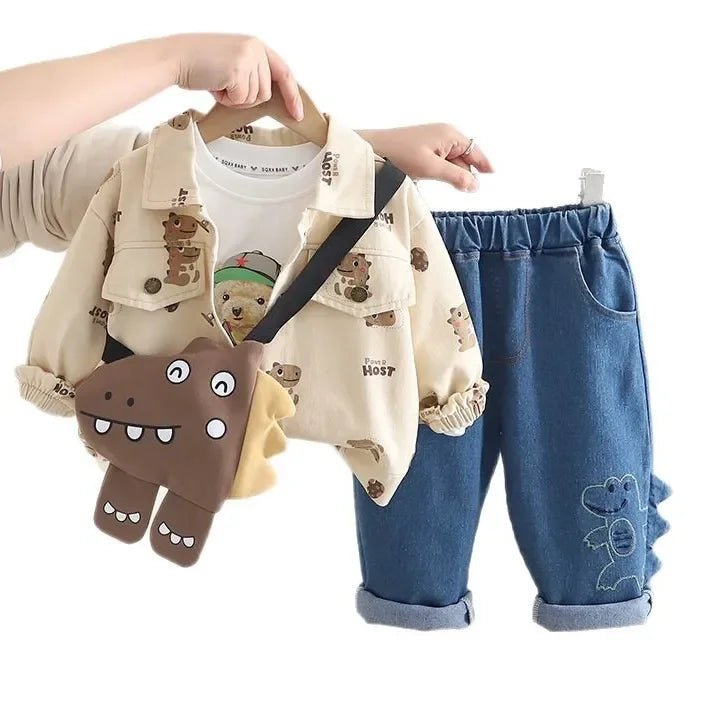 Dinozorlu Çantalı 3 Parça Unisex Çocuk Takımı Pamuklu Nakışlı Kot - MAKKA