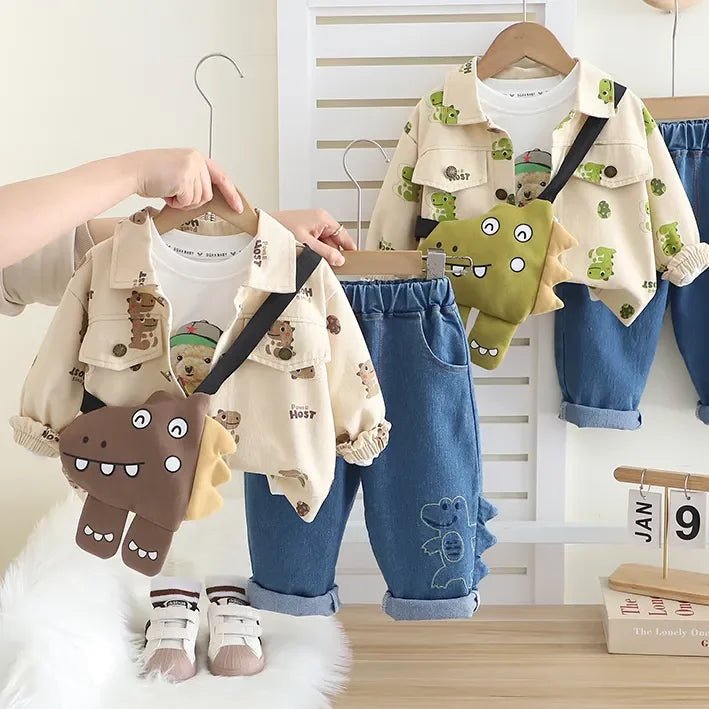 Dinozorlu Çantalı 3 Parça Unisex Çocuk Takımı Pamuklu Nakışlı Kot - MAKKA