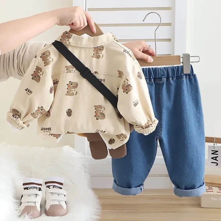 Dinozorlu Çantalı 3 Parça Unisex Çocuk Takımı Pamuklu Nakışlı Kot - MAKKA