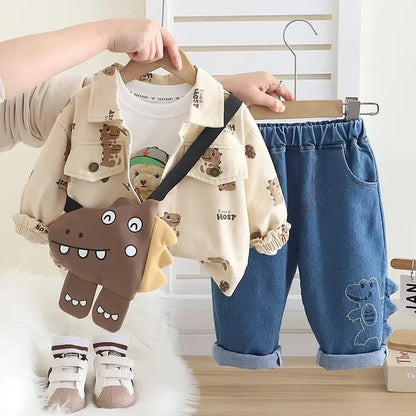 Dinozorlu Çantalı 3 Parça Unisex Çocuk Takımı Pamuklu Nakışlı Kot - MAKKA