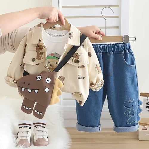 Dinozorlu Çantalı 3 Parça Unisex Çocuk Takımı Pamuklu Nakışlı Kot - MAKKA