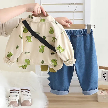 Dinozorlu Çantalı 3 Parça Unisex Çocuk Takımı Pamuklu Nakışlı Kot - MAKKA