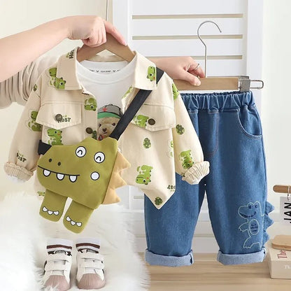 Dinozorlu Çantalı 3 Parça Unisex Çocuk Takımı Pamuklu Nakışlı Kot - MAKKA
