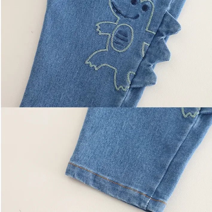 Dinozorlu Çantalı 3 Parça Unisex Çocuk Takımı Pamuklu Nakışlı Kot - MAKKA