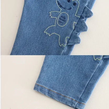 Dinozorlu Çantalı 3 Parça Unisex Çocuk Takımı Pamuklu Nakışlı Kot - MAKKA