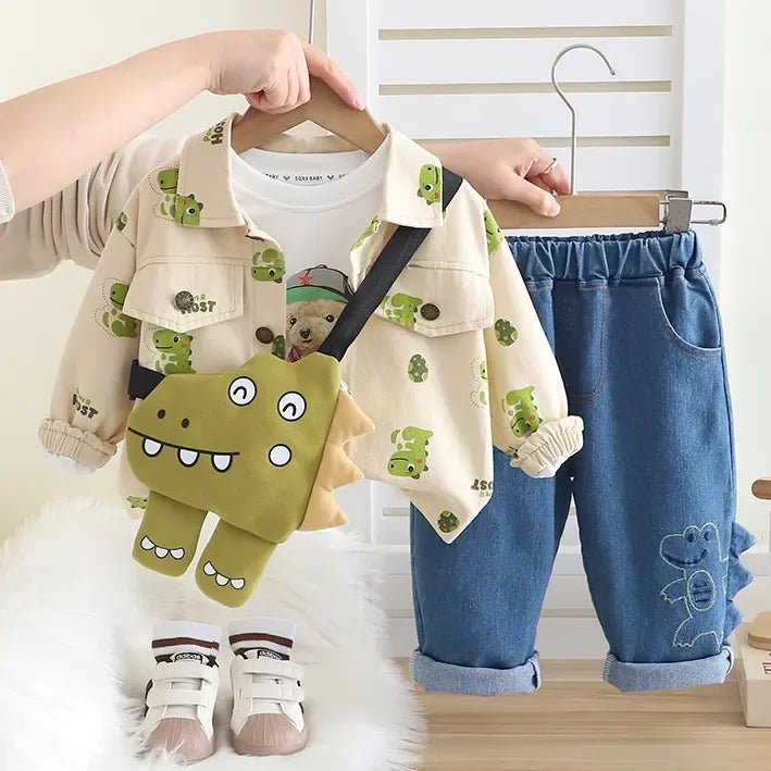 Dinozorlu Çantalı 3 Parça Unisex Çocuk Takımı Pamuklu Nakışlı Kot - MAKKA
