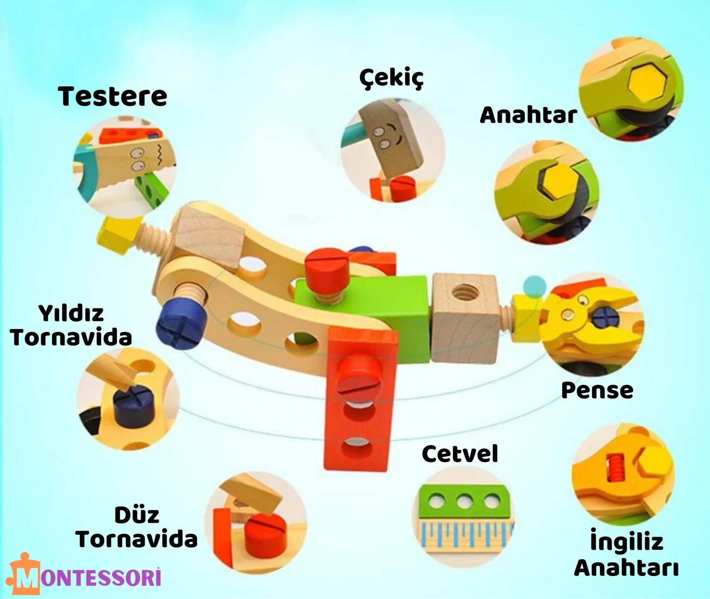 Doğal Ahşap Montessori Alet Kutusu 12 Parça Eğitici Set - MAKKA