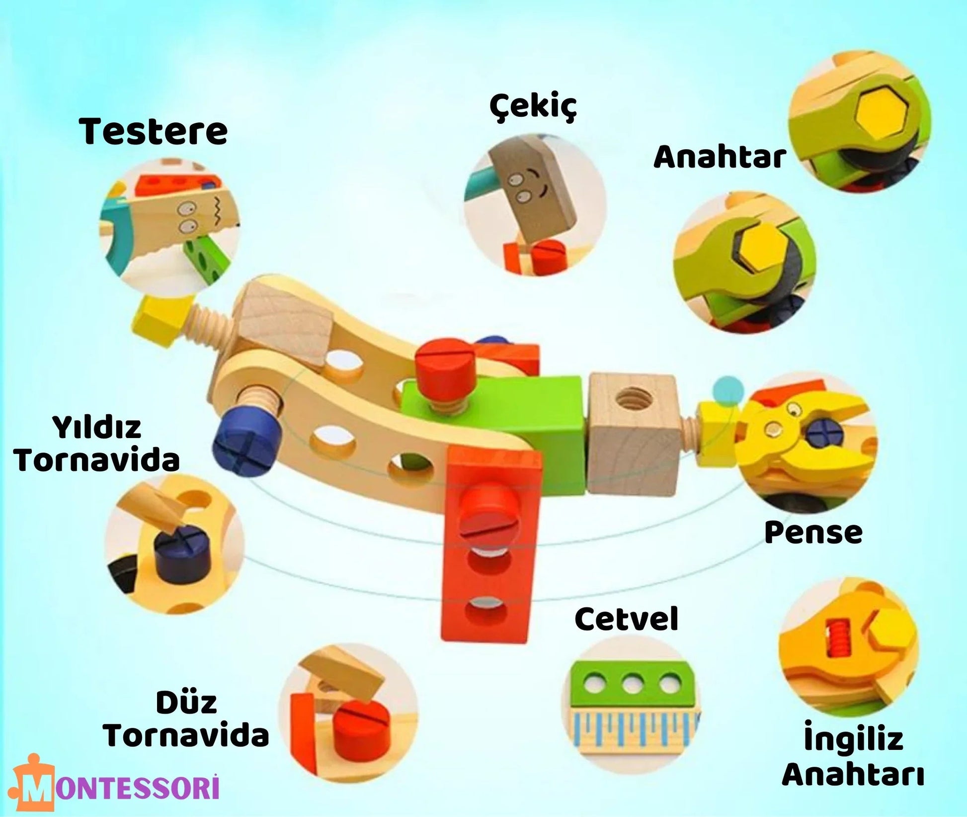 Doğal Ahşap Montessori Alet Kutusu 12 Parça Eğitici Set - MAKKA
