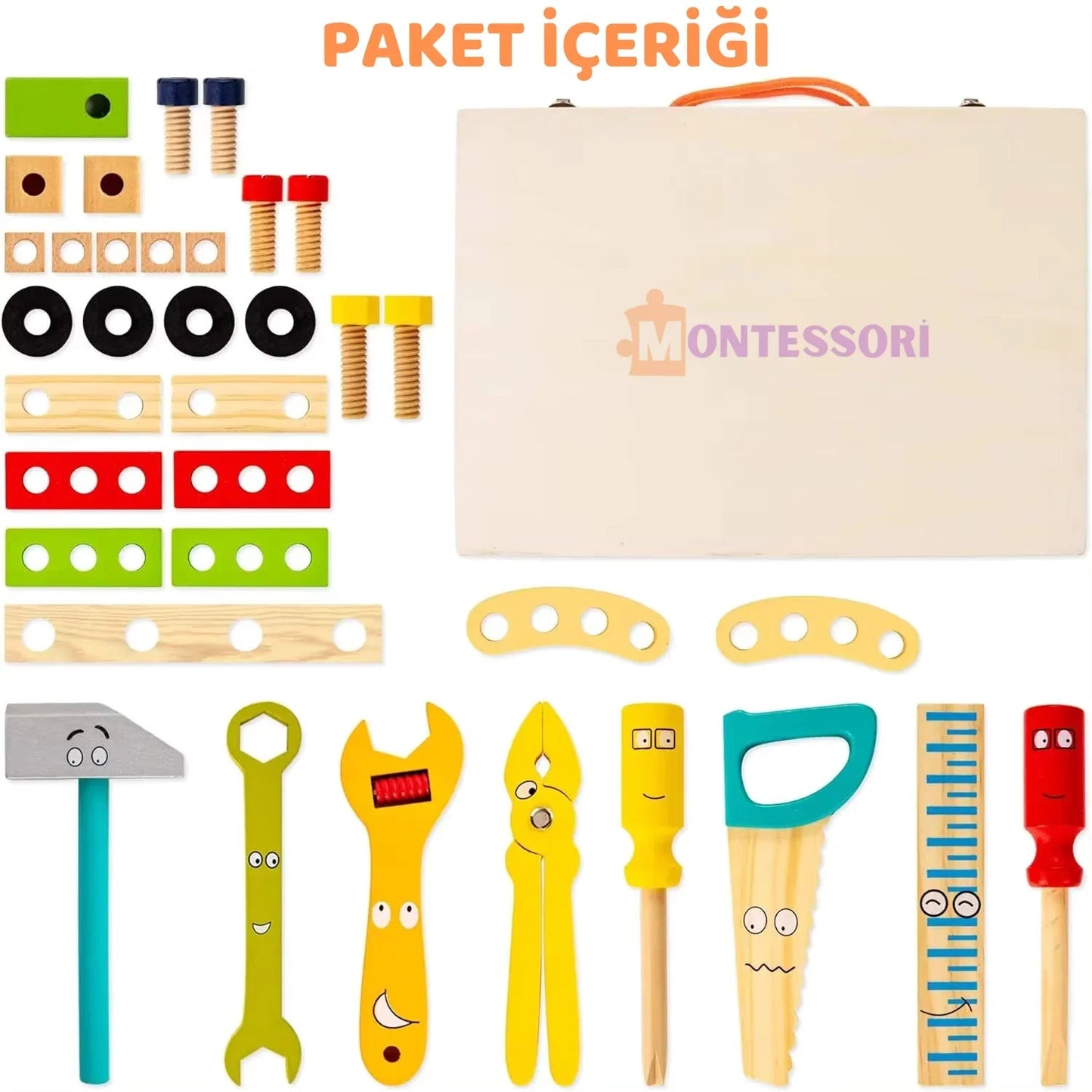 Doğal Ahşap Montessori Alet Kutusu 12 Parça Eğitici Set - MAKKA