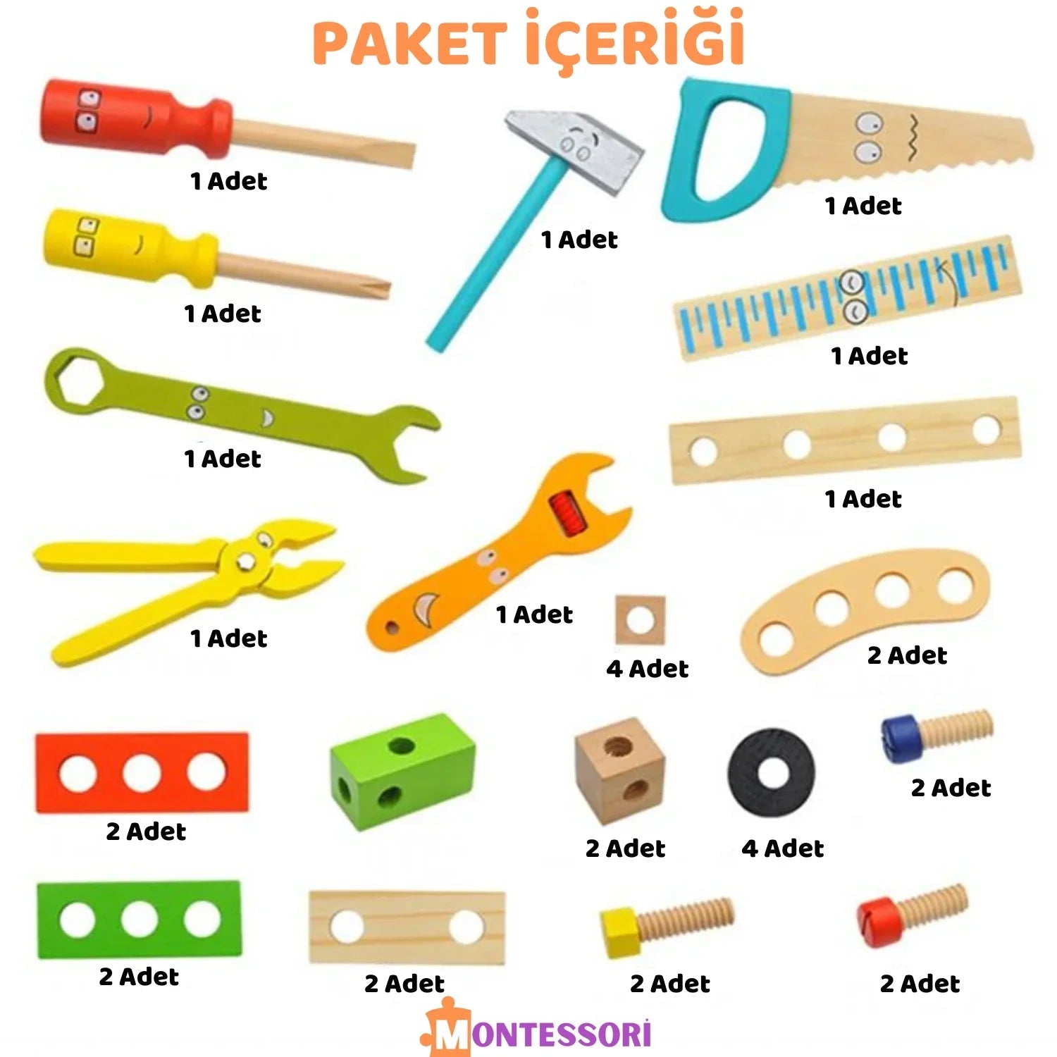 Doğal Ahşap Montessori Alet Kutusu 12 Parça Eğitici Set - MAKKA